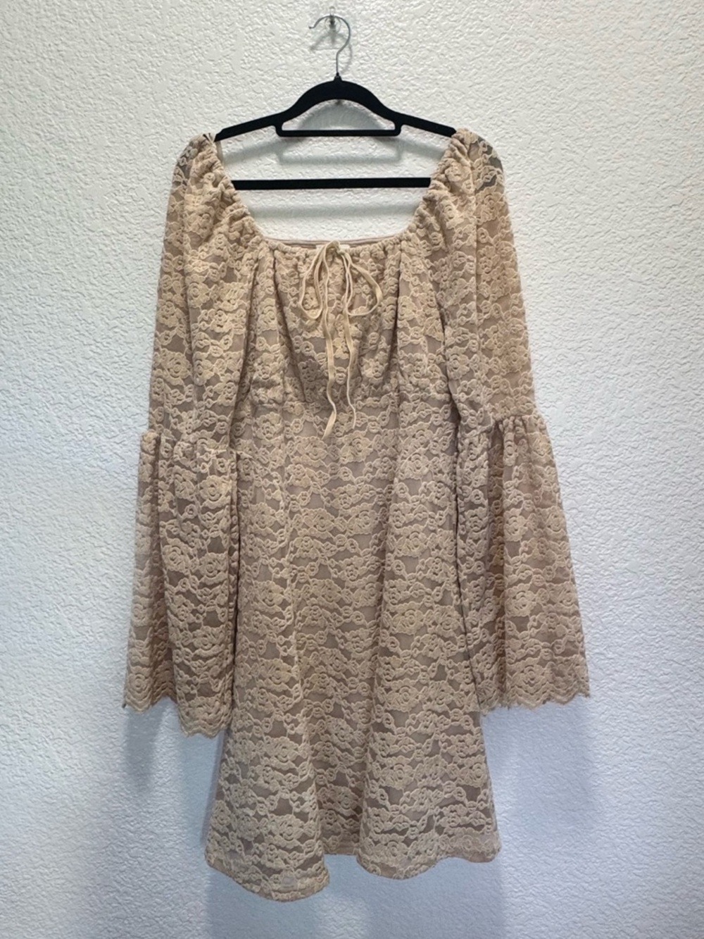 Cream Lace Peasant Dress with Bell Sleeves